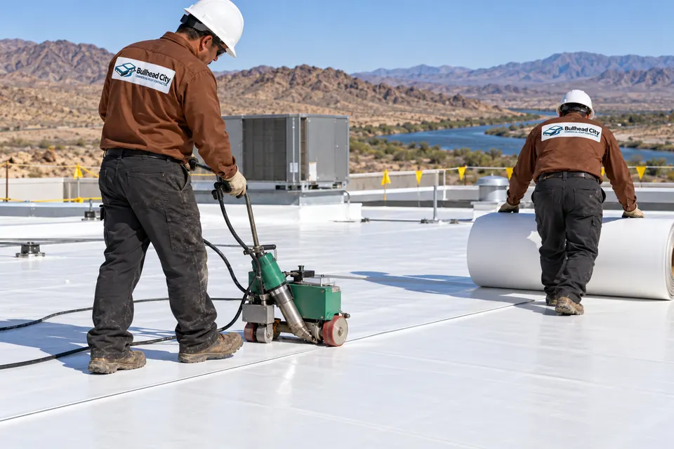 Roofer guiding an automatic hot-air welder along a white TPO seam while a second roofer unrolls the next sheet