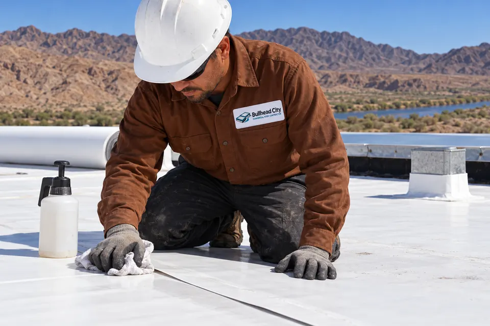 Roofer cleaning a white TPO lap with membrane cleaner before welding