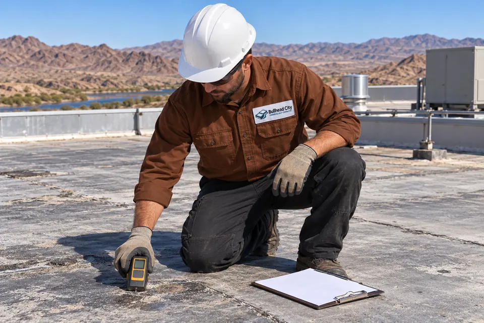 Roofer pressing a moisture meter against a worn gray low-slope membrane