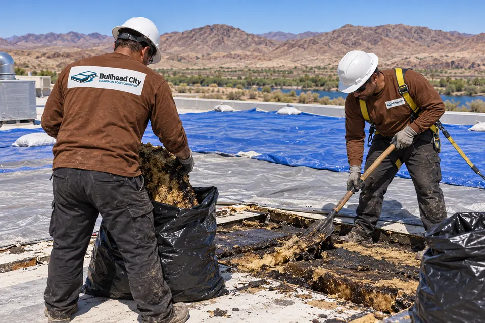 Roofers removing a wet section of old roofing and insulation while the rest of the roof stays tarped