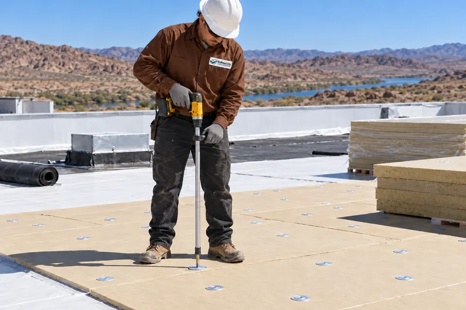 Roofer fastening insulation boards with plates and a stand-up screw gun