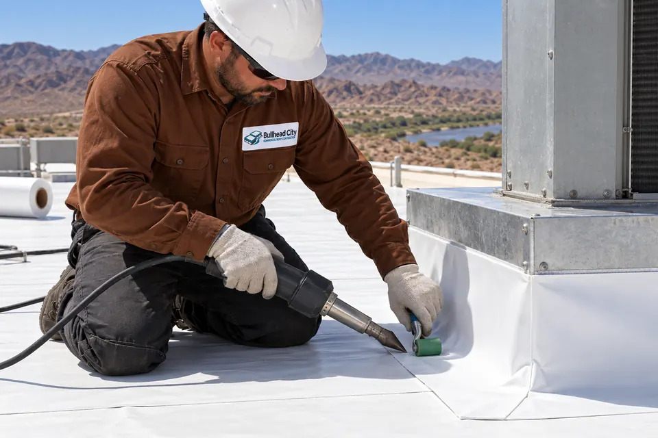 Roofer wrapping a rooftop HVAC curb with membrane flashing using a hot-air welder
