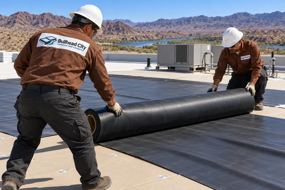 Crew unrolling a large black EPDM sheet over cover board on a flat roof