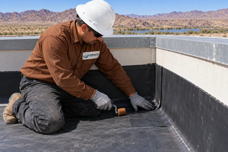 Roofer flashing an inside corner where a black EPDM roof meets a parapet wall