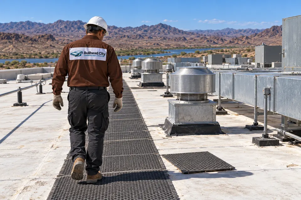 Roofer walking a walkway-pad path across a large industrial roof lined with exhaust fans and ductwork