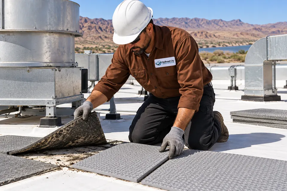 Roofer replacing a worn walkway pad around rooftop equipment on a plant roof