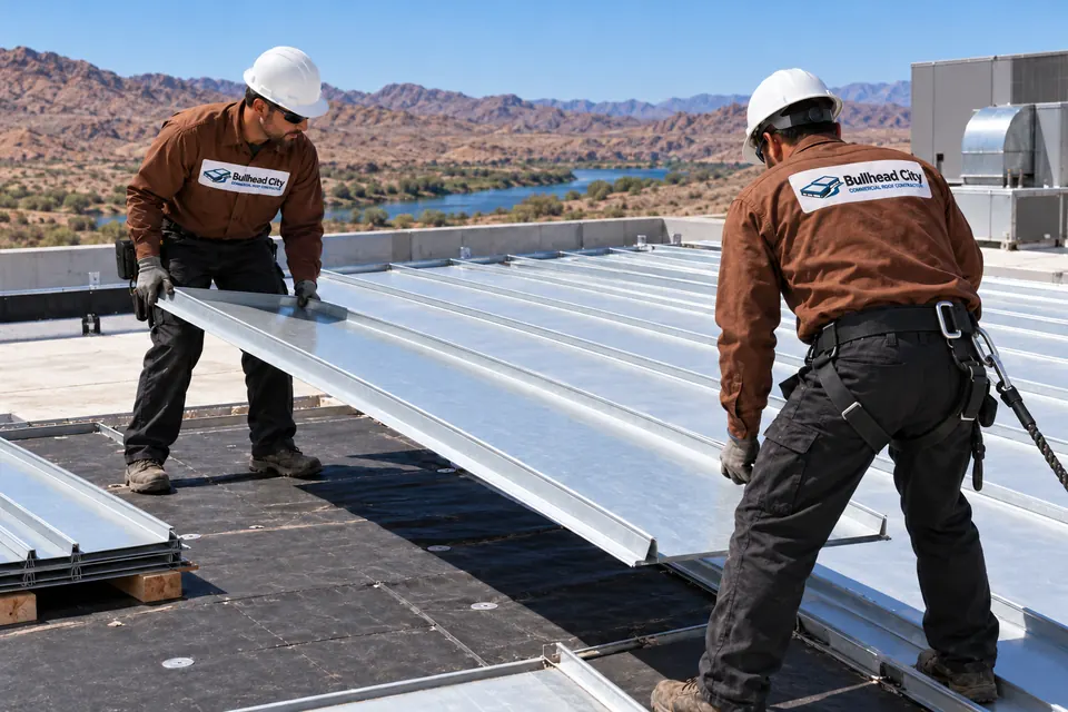 Crew lifting long standing-seam metal panels into place on a low-slope commercial roof