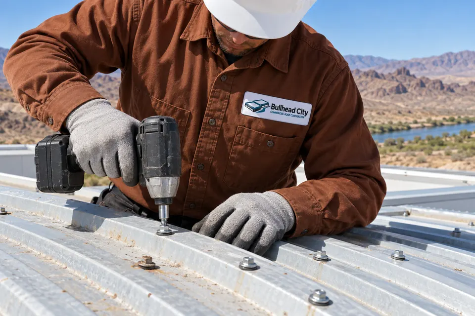 Roofer replacing worn exposed fasteners on a ribbed metal panel roof with a drill