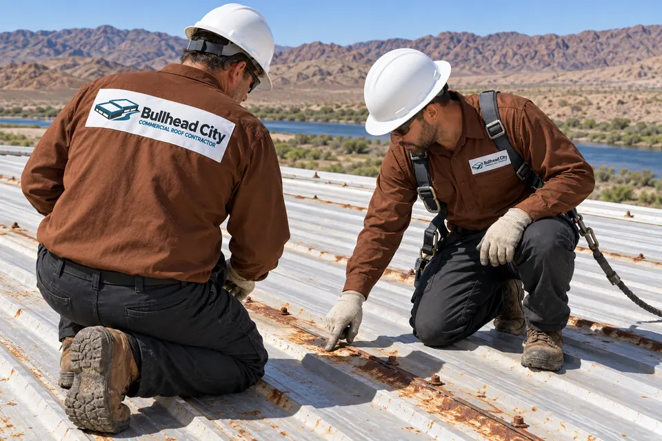 Roofer pointing out rust at the panel laps of an older metal warehouse roof to a coworker