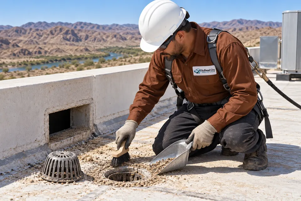 Roofer clearing windblown sand and grit from a roof drain beside an overflow scupper