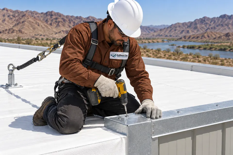 Roofer securing edge metal at a roof corner with a drill