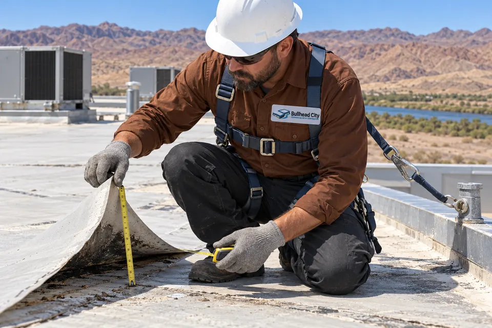 Roofer measuring a wind-lifted membrane edge with a tape measure