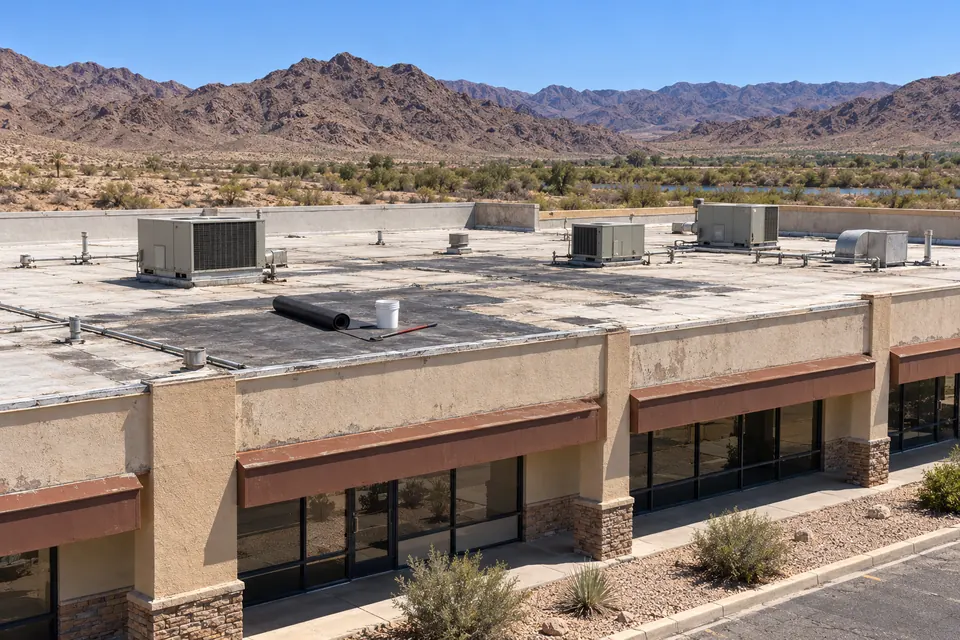 Single-story retail strip with flat roofs, rooftop air conditioning units, and desert landscaping
