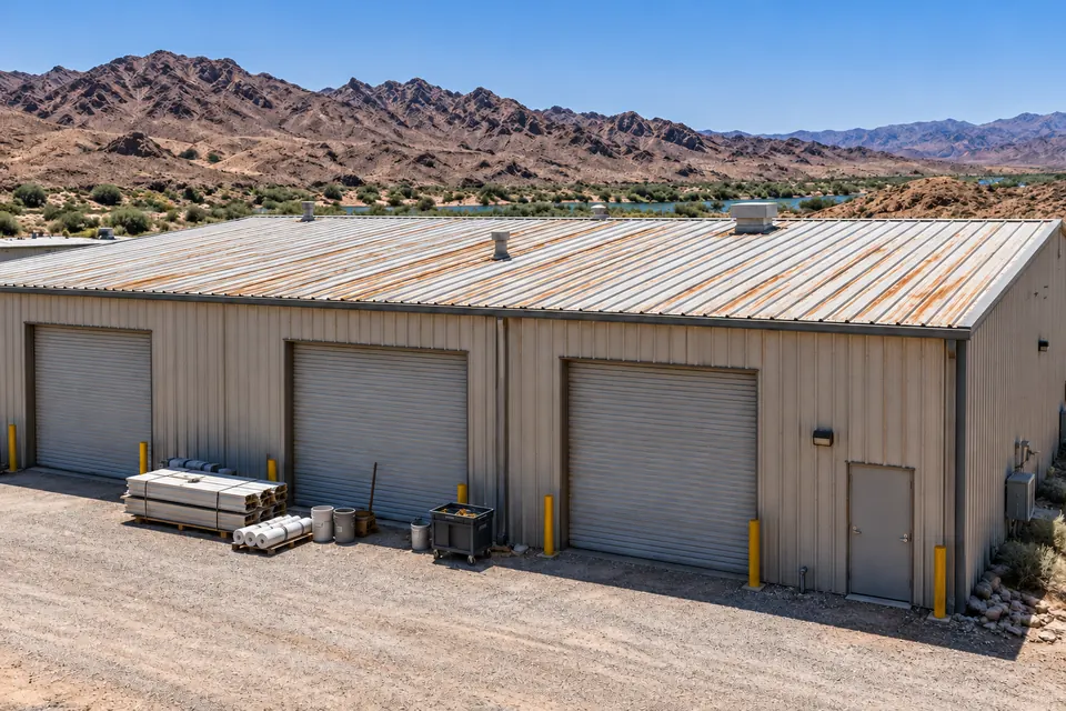 Metal-roofed storage and warehouse building with roll-up doors on a gravel lot