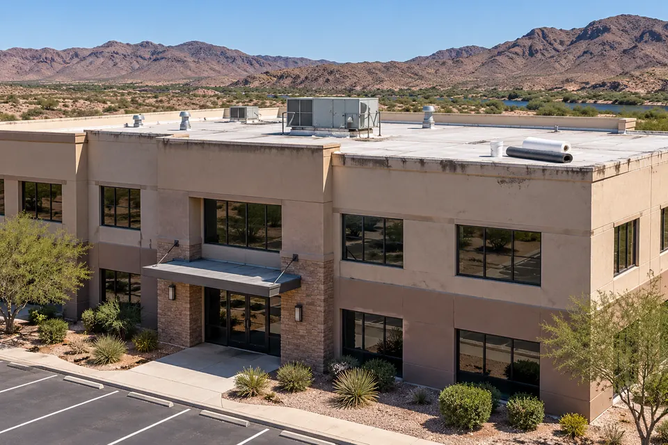 Two-story medical office building with parapet walls and rooftop equipment