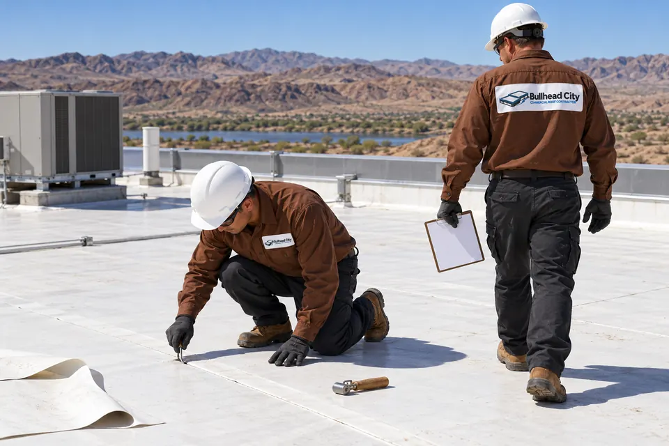 Two roofers walking a light-colored membrane roof, one kneeling to check a seam
